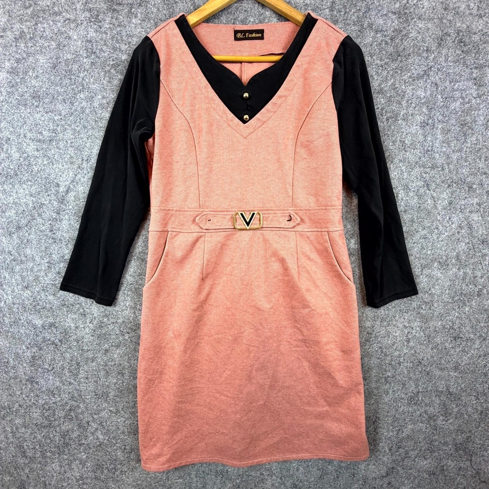 Vintage BL Fashion Sheath Dress Womens Dusty Rose Black Gold Buckle Rhinestone V